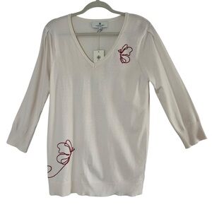 Laurie Felt Los Angeles V Neck Soft Sweater Medium Butterfly Embroidery Cream‎